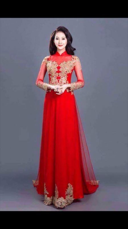 ÁO DÀI ĐỎ CƯỜM HOA VÀNG